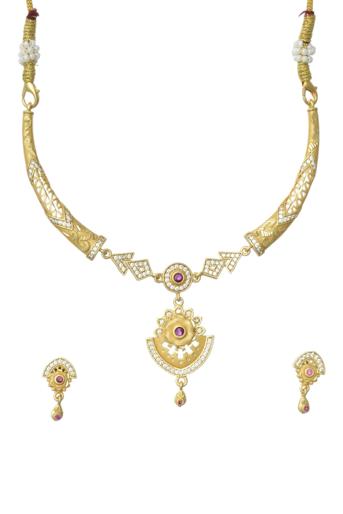 Gold Plated AD Studded Necklace Set with Matching Earrings for Women