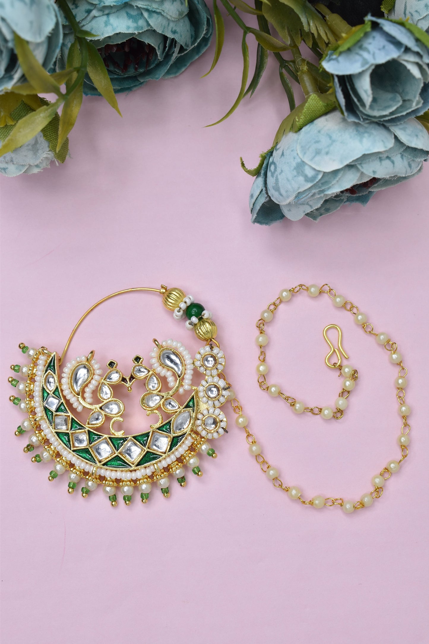 Traditional Goldplated Heavy Designer Meenakari kundan stone perl studded Bridal Big royal rajwadi rajputi big nath with chain