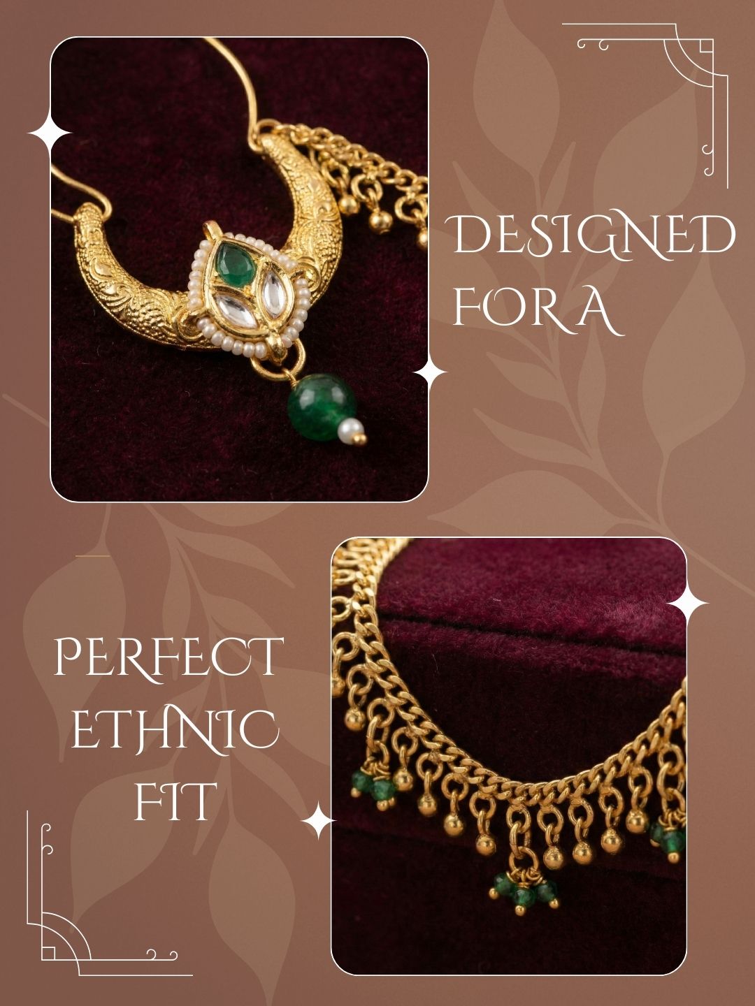 Meira Jewellery Traditional Bridal Nath with Chain for Women, Nose Ring with Green Stone, Kundan & Bead Drop, Ethnic Maharashtrian Style Nose Accessory for Wedding, Festive, Party & Cultural Jewellery