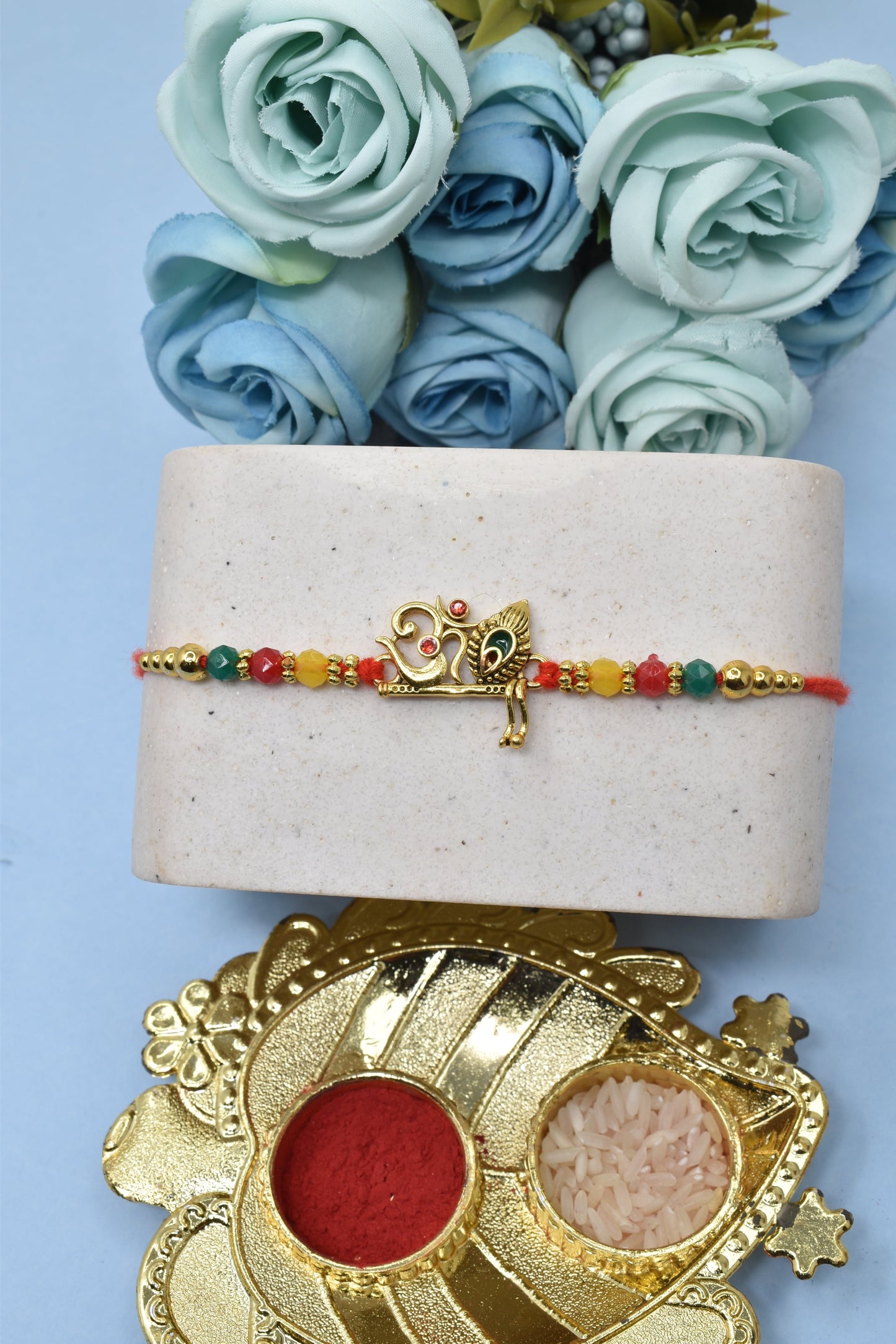 Spiritual OM With Morpankh Divine Goldplated Multicolored Rakhis Set of 3 Rakhi with Pack of Roli Chawal n Card |rakhi for brother|Bhaiya Rakhi | Kids rakhi |Rakhi for kids|Rakhi for Bhaiya