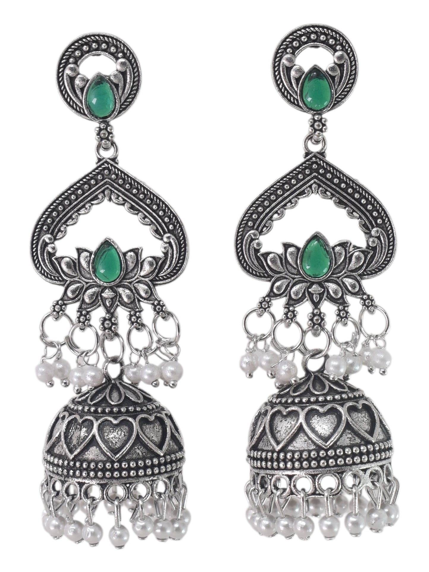 Silver Plated, Stylish Oxidised Lotus Motif Jhumka Earrings for Women and Girls, Traditional Ethnic Pearl Drop Wedding Festive Party Jewellery, Traditional Floral Design Green Coloured Ethnic Earring