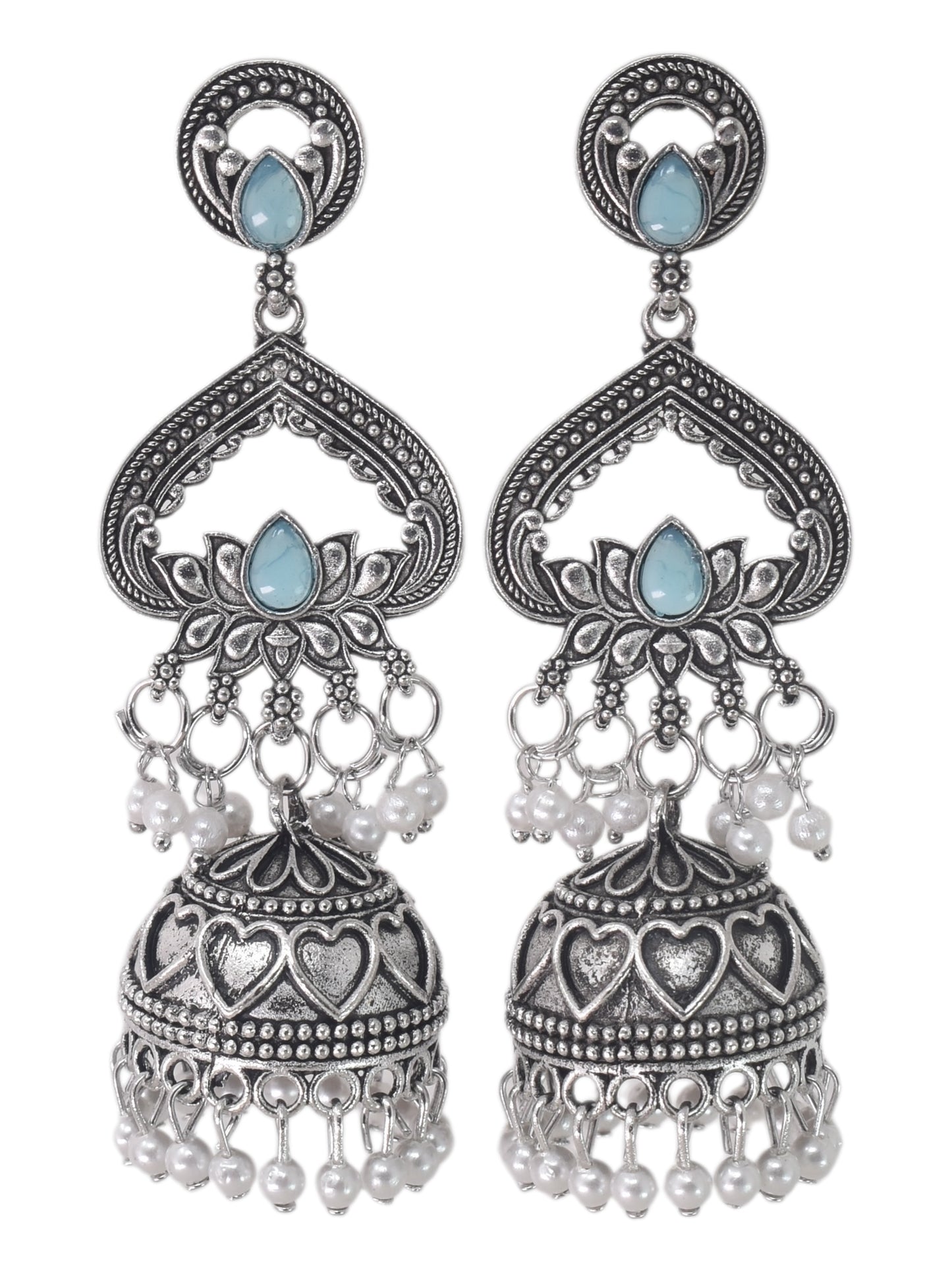 Silver Plated, Stylish Oxidised Lotus Motif Jhumka Earrings for Women & Girls, Traditional Ethnic Pearl Drop Wedding Festive Party Jewellery, Traditional Floral Design Sky Blue Colored Ethnic Earring