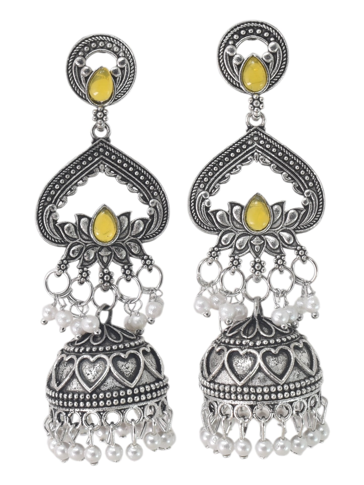 Silver Plated, Stylish Oxidised Lotus Motif Jhumka Earrings for Women & Girls, Traditional Ethnic Pearl Drop Wedding Festive Party Jewellery, Traditional Floral Design yellow Coloured Ethnic Earring