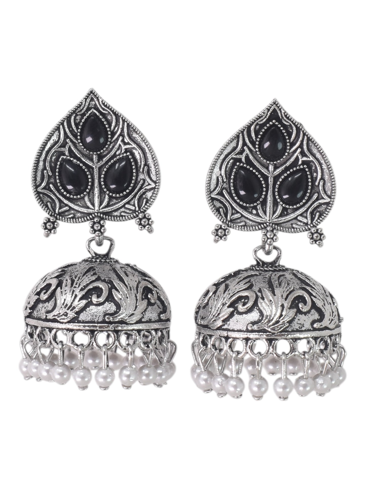 Silver Plated, Stylish Oxidised Paan Motif Jhumka Earrings for Women and Girls, Traditional Ethnic Pearl Drop Wedding Festive Party Jewellery, Traditional Leaf Design Black Coloured Ethnic Earring