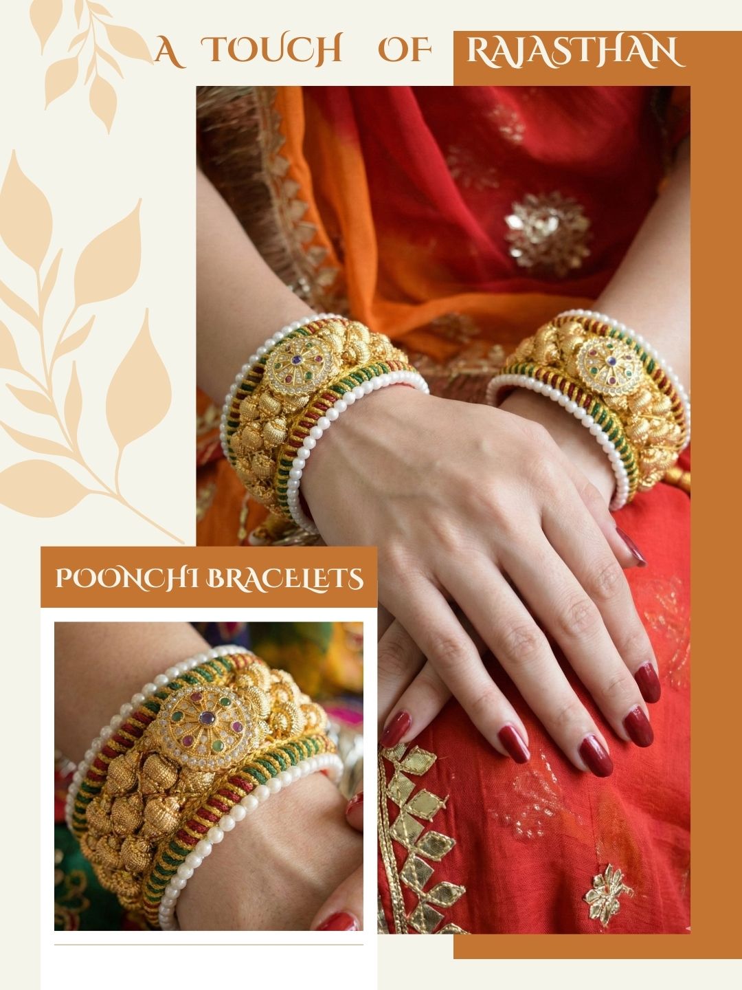 Meira Jewellery Pack of 2 Traditional Rajasthani Poonchi Bracelet for Women, Gold-Plated AD Studded Pearl Handcrafted Rajputi Kada, Ethnic Bridal Wedding Festive Adjustable Thread Punsi Bangles-03