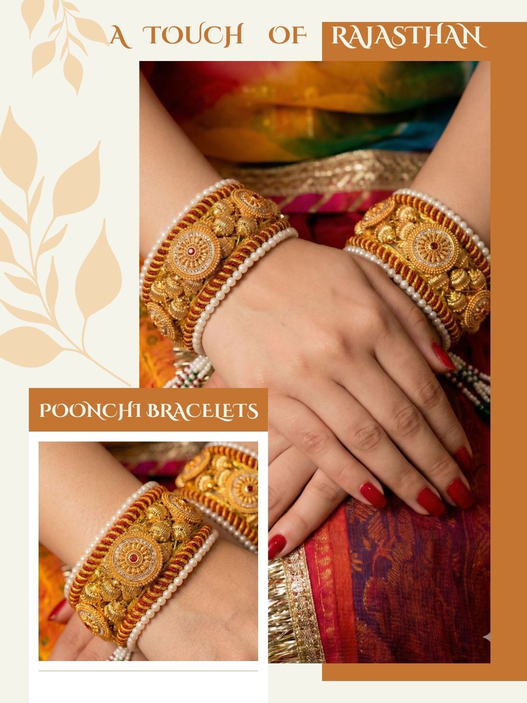 Meira Jewellery Pack of 2 Traditional Rajasthani Poonchi Bracelet for Women, Gold-Plated AD Studded Pearl Handcrafted Rajputi Kada, Ethnic Bridal Wedding Festive Adjustable Thread Punsi Bangles-04