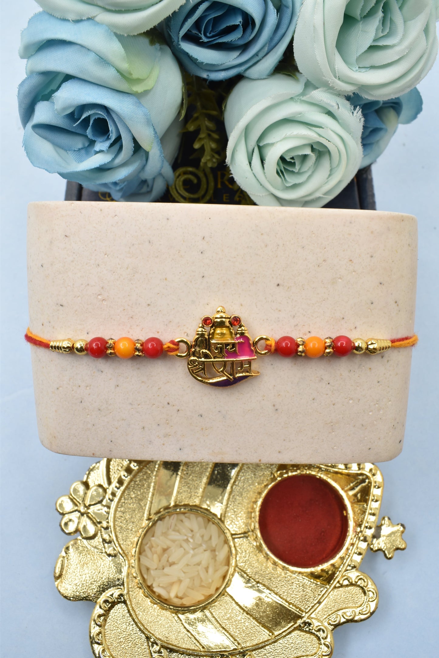 Spiritual Jai Shree Ram Aesthetic Rakhis Divine Goldplated Multicolored Rakhis Set of 3 Rakhi with Pack of Roli Chawal n Card |rakhi for brother|Bhaiya Rakhi | Kids rakhi |Rakhi for kids|Rakhi for Bhaiya