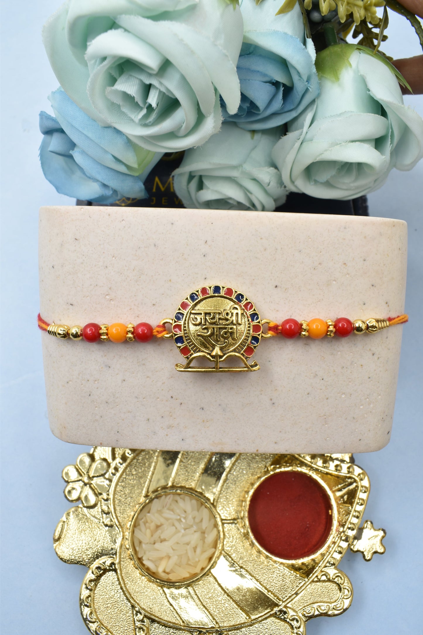 Spiritual Jai Shree Ram Aesthetic Dhanush Rakhis Divine Goldplated Multicolored Rakhis Set of 5 Rakhi with Pack of Roli Chawal n Card |rakhi for brother|Bhaiya Rakhi | Kids rakhi |Rakhi for kids|Rakhi for Bhaiya