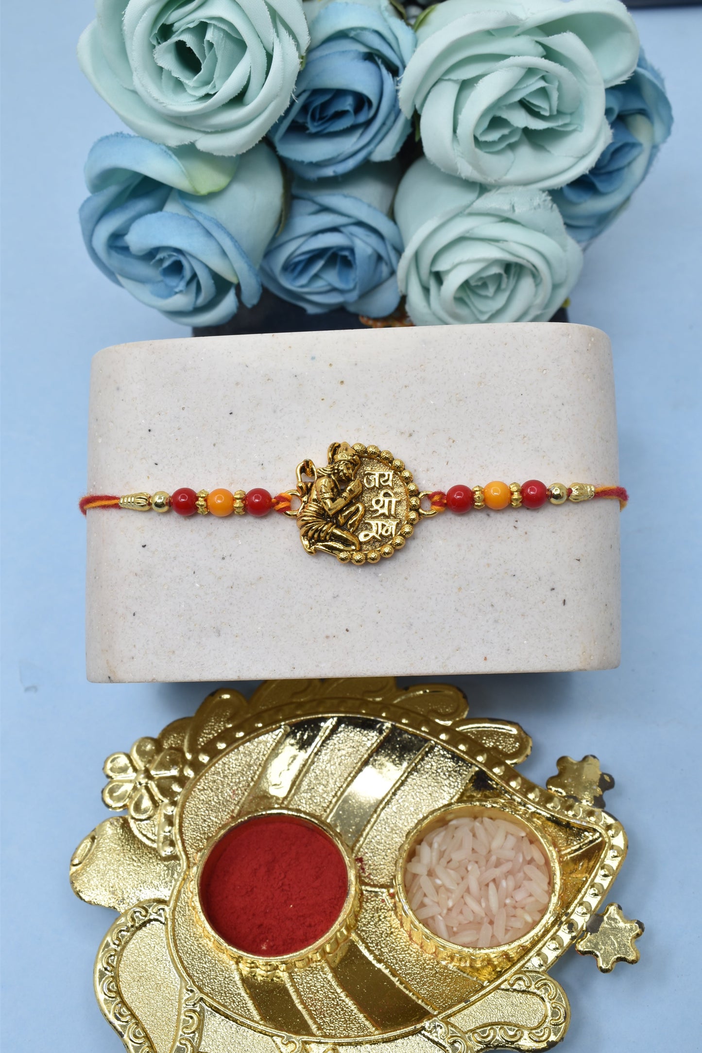 Elegant Lord Ganesh with Green n Red Lotus Gold plated Antique rakhis1 Rakhi Made from Cotton Threds with Pack of Roli Chawal n Rakshabandhan Greetings Card |rakhi for brother|Bhaiya Rakhi | Kids rakhi |Rakhi for kids|Rakhi for Bhaiya