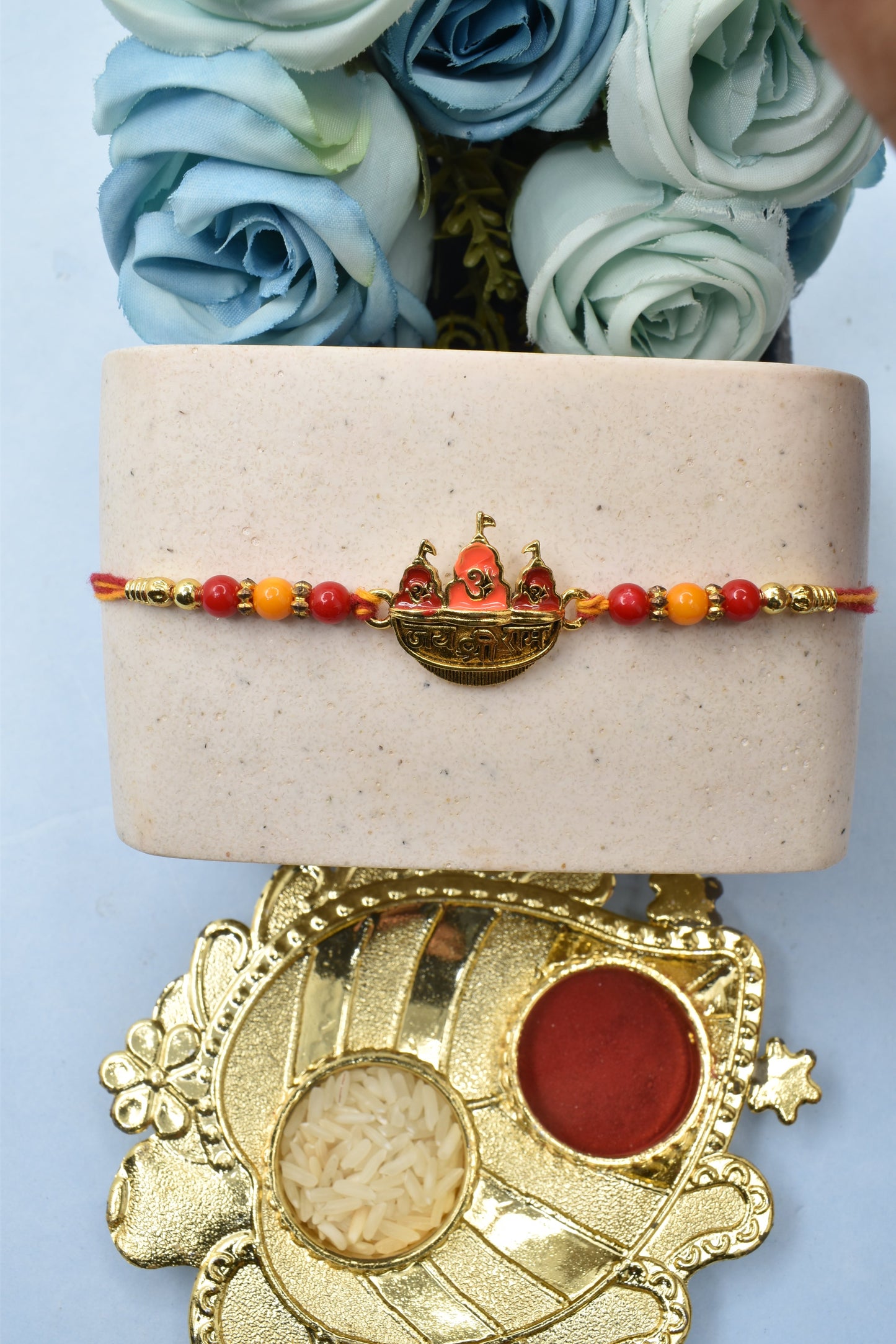 Spiritual Jai Shree Ram WithAyodhya Mandir Rakhis Divine Goldplated Multicolored Rakhis Set of 3 Rakhi with Pack of Roli Chawal n Card |rakhi for brother|Bhaiya Rakhi | Kids rakhi |Rakhi for kids|Rakhi for Bhaiya