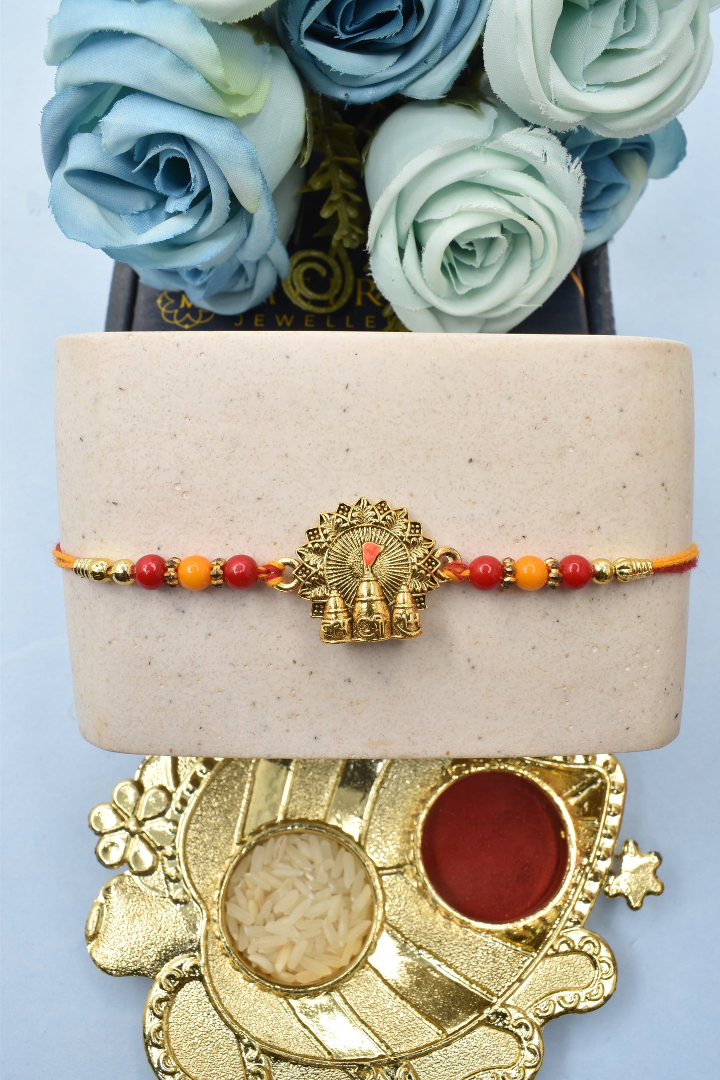 Spiritual Jai Shree Ram Brass gold plated Rakhis Divine Goldplated Multicolored Rakhis 1 Rakhi Made from Cotton Threds with Pack of Roli Chawal n Rakshabandhan Greetings Card |rakhi for brother|Bhaiya Rakhi | Kids rakhi |Rakhi for kids|Rakhi for Bhaiya