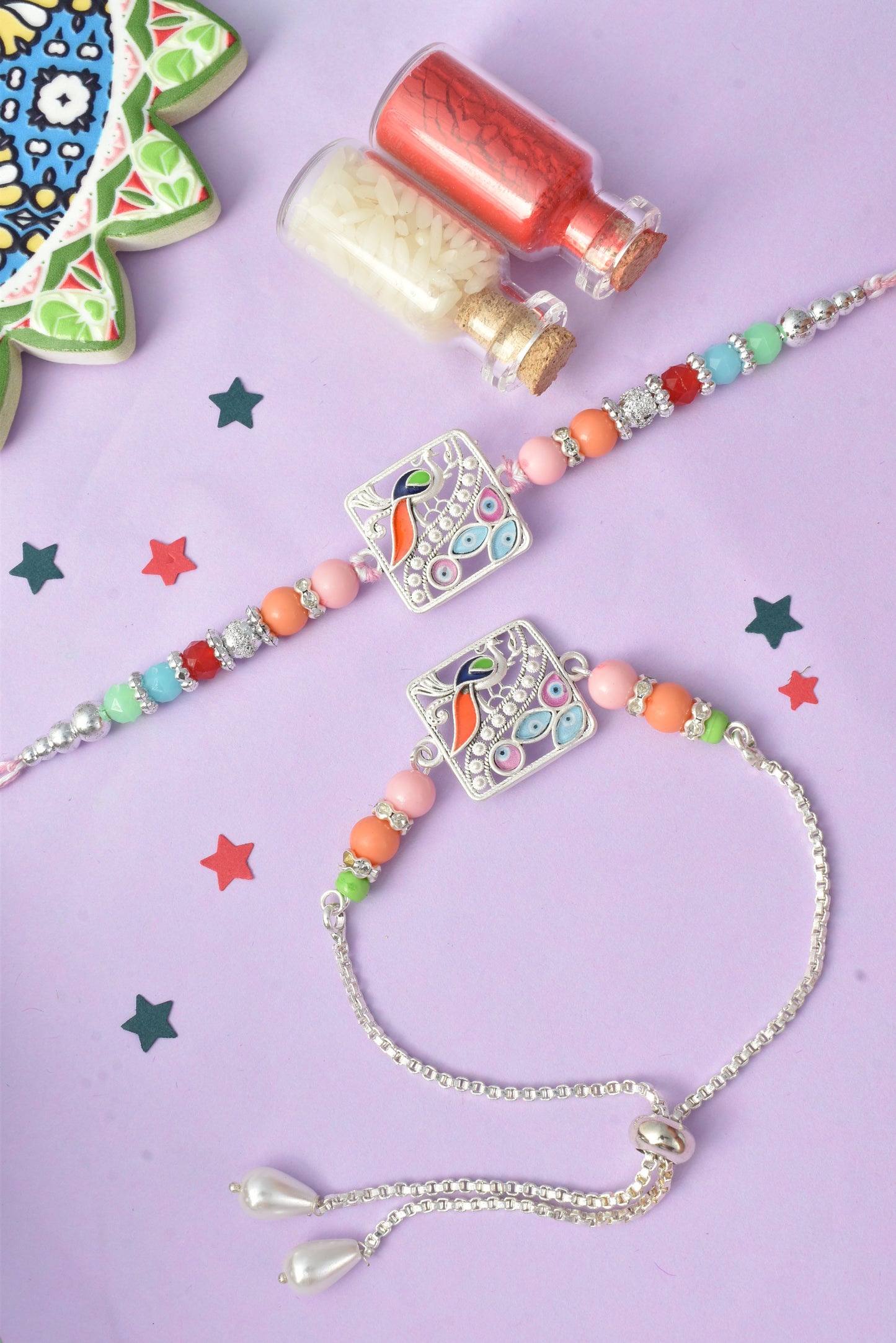 Premium Silver-Plated Peacock Design AD Studded Beaded Bhai and Bracelet Type for Bhabhi