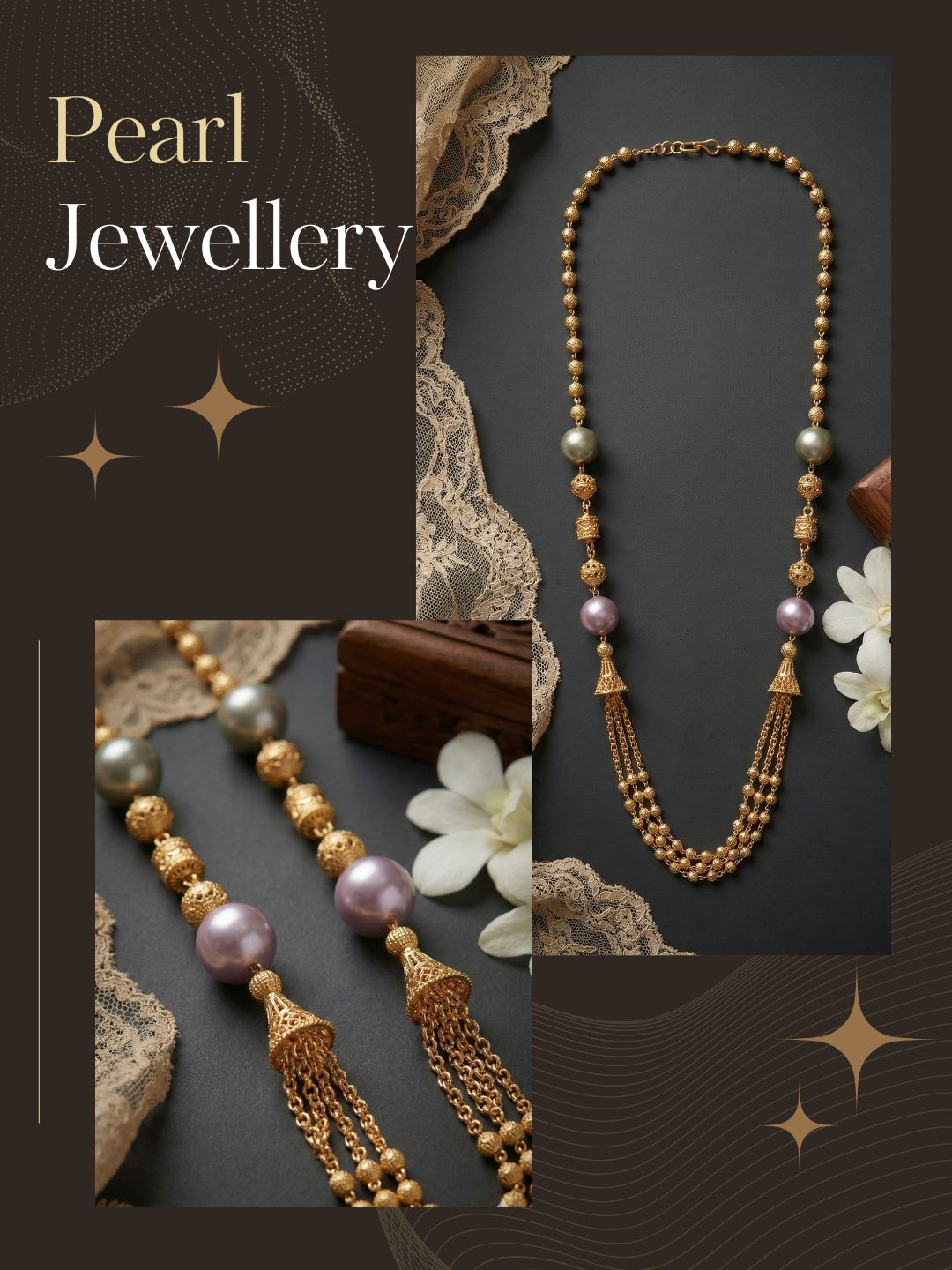 Meira Jewellery Traditional Gold Plated Three Layered Dokiya Mala Necklace for Women Featuring Gold Beads and Elegant Green and Purple Pearl Accents, Perfect for Ethnic Festive and Wedding Jewellery