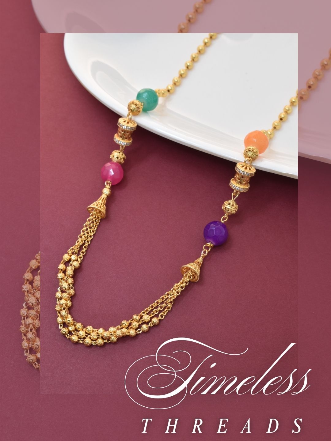 Meira Jewellery Traditional Gold Plated Dokiya Mala Necklace for Women Featuring Gold Beads and Elegant Green and Purple Pearl Accents, Perfect for Ethnic Festive and Wedding Jewellery