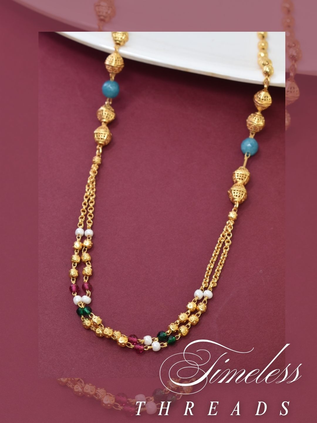 Meira Jewellery Traditional Gold Plated Dokiya Mala Necklace for Women Featuring Gold Beads and Elegant Green and Purple Pearl Accents, Perfect for Ethnic Festive and Wedding Jewellery
