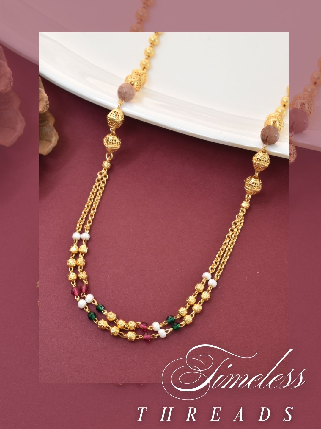 Meira Jewellery Traditional Gold Plated Dokiya Mala Necklace for Women Featuring Gold Beads and Elegant Green and Purple Pearl Accents, Perfect for Ethnic Festive and Wedding Jewellery