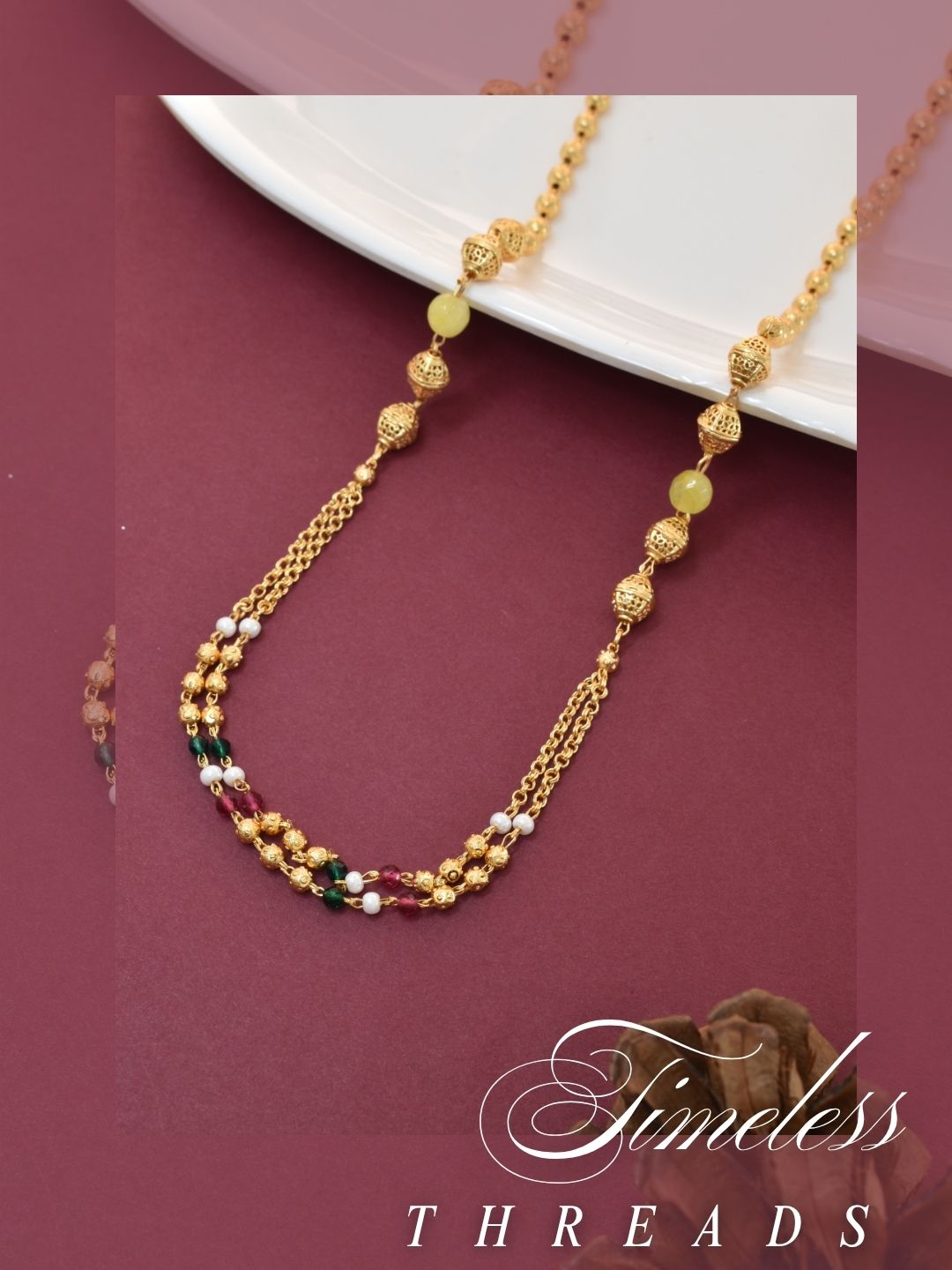 Meira Jewellery Traditional Gold Plated Dokiya Mala Necklace for Women Featuring Gold Beads and Elegant Green and Purple Pearl Accents, Perfect for Ethnic Festive and Wedding Jewellery