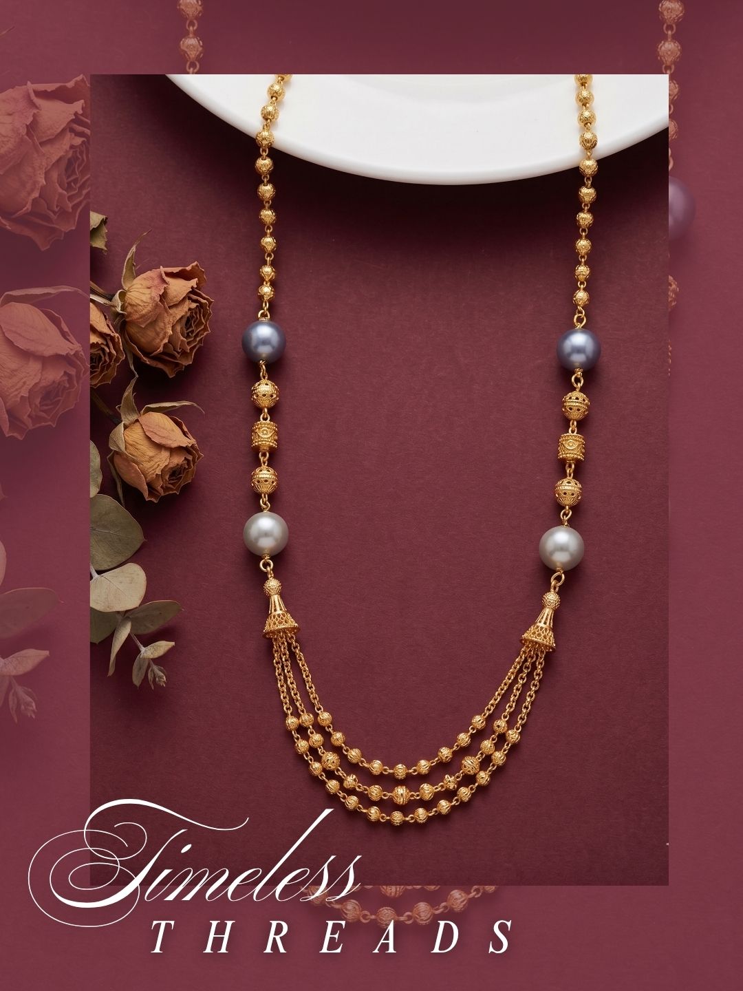 Meira Jewellery Traditional Gold Plated Dokiya Mala Necklace for Women Featuring Gold Beads and Elegant Green and Purple Pearl Accents, Perfect for Ethnic Festive and Wedding Jewellery