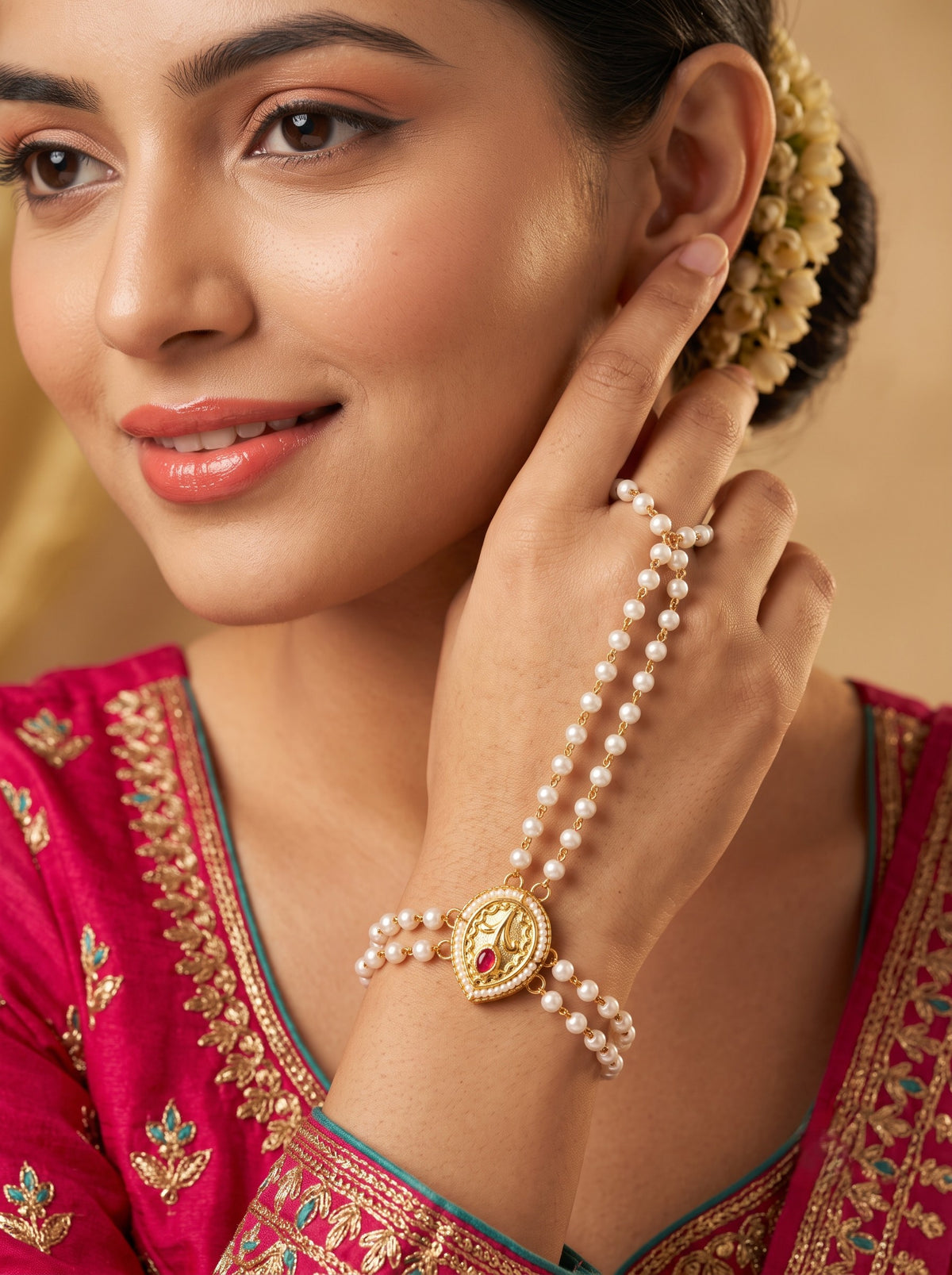 Minimal Pearl Gold Plated Pack of 1 Hathphool for Women and Girls