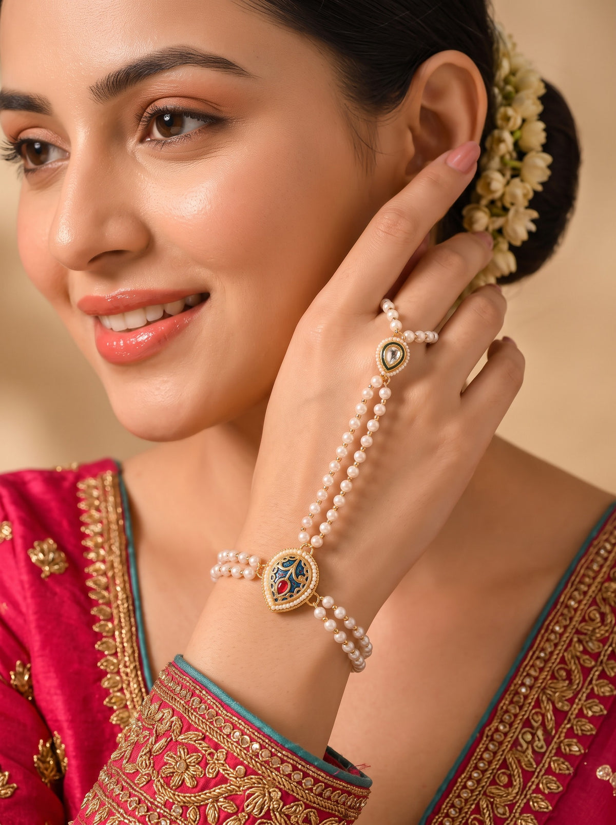 Minimal Pearl Gold Plated Pack of 1 Hathphool for Women and Girls