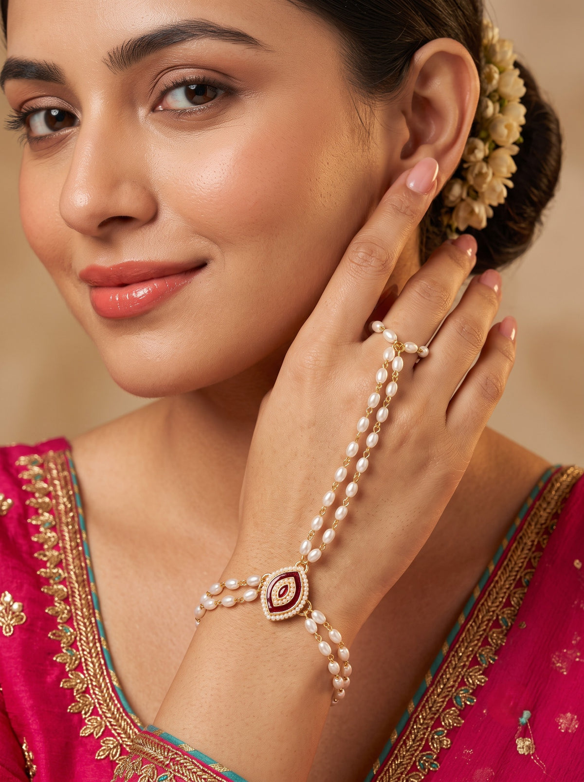 Minimal Pearl Gold Plated Pack of 1 Hathphool for Women and Girls