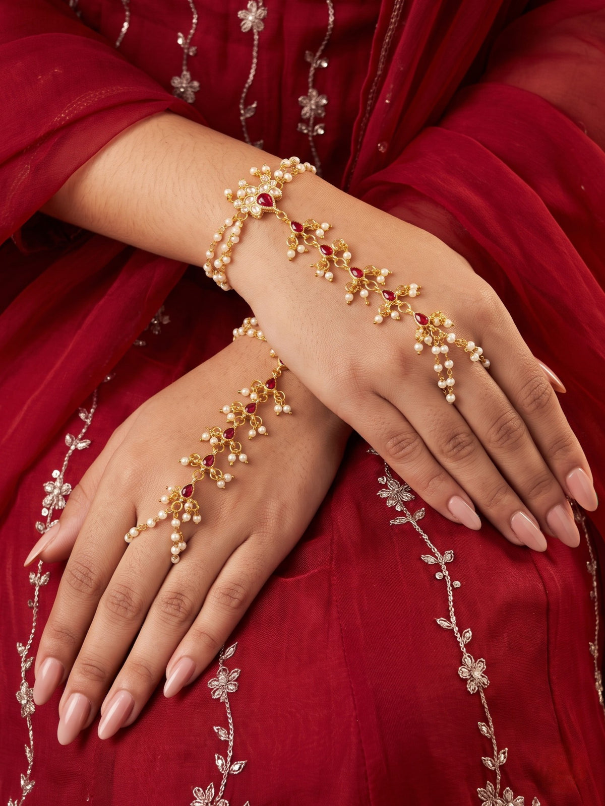 Minimal Pearl Gold Plated Pack of 2 Hathphool for Women and Girls