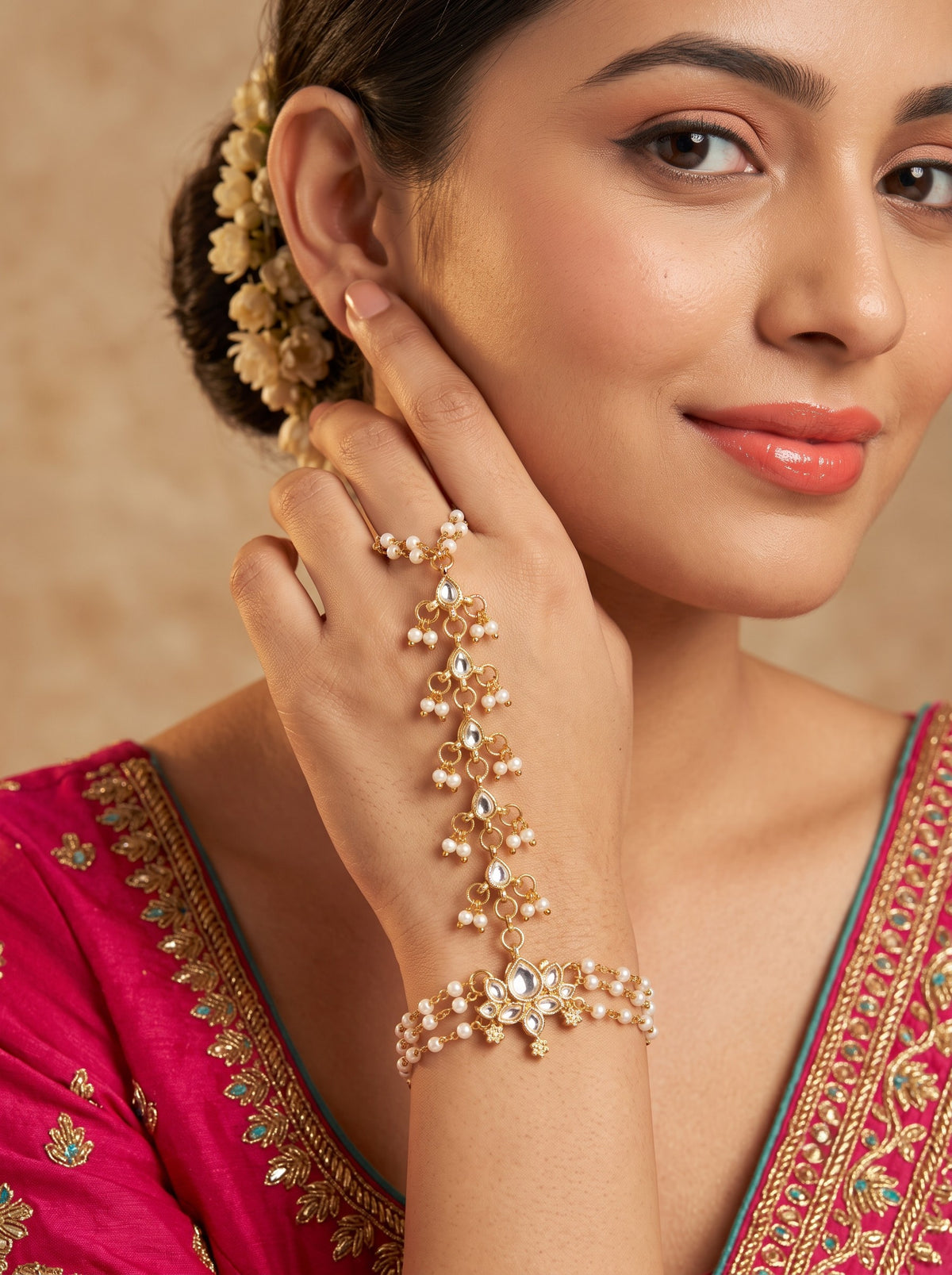 Minimal Pearl Gold Plated Pack of 1 Hathphool for Women and Girls