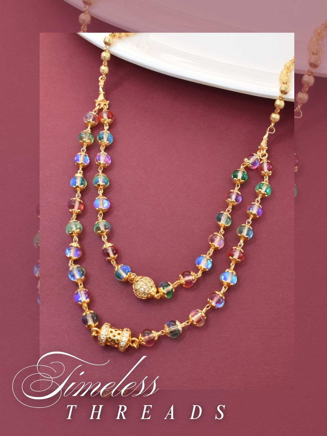 Meira Jewellery Traditional Gold Plated Dokiya Mala Necklace for Women Featuring Gold Beads and Elegant Green and Purple Pearl Accents, Perfect for Ethnic Festive and Wedding Jewellery
