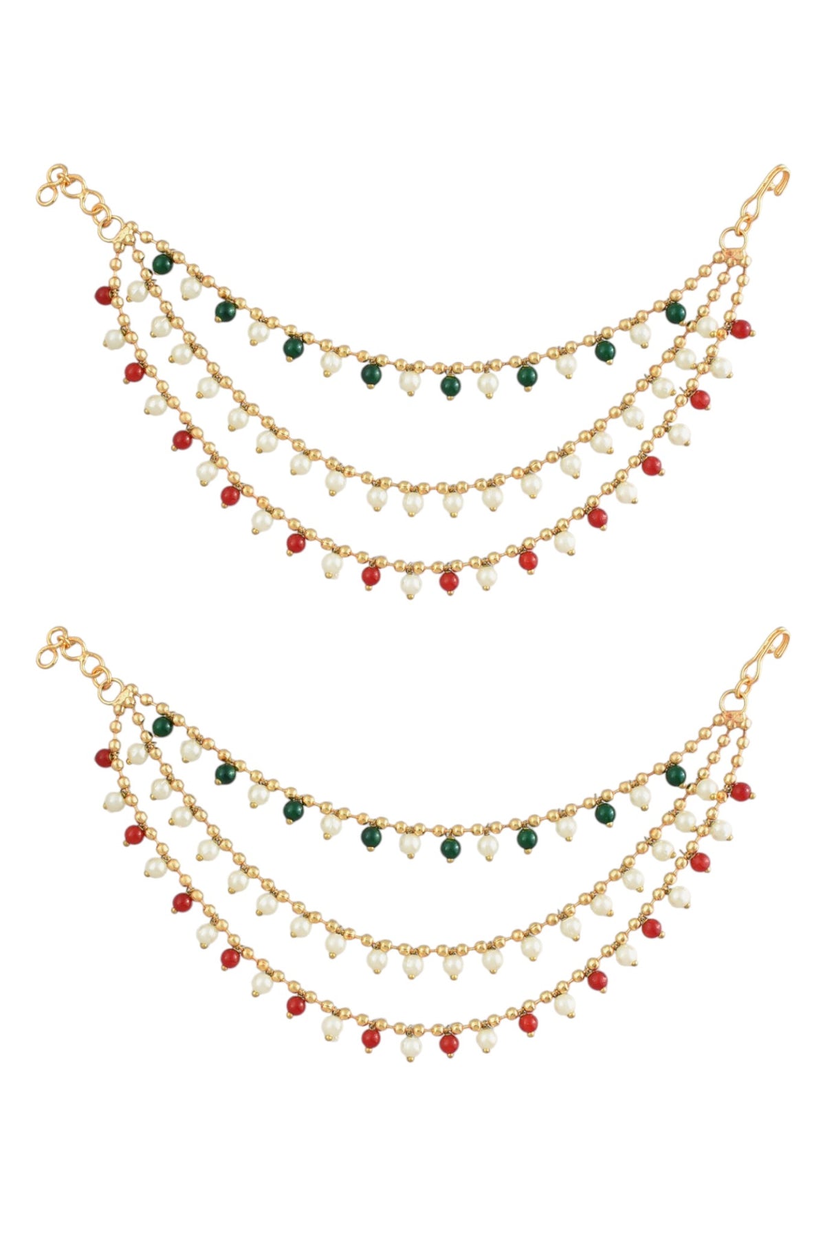 Gold Plated Multi Layered Red and Green Pearl Ear Chain