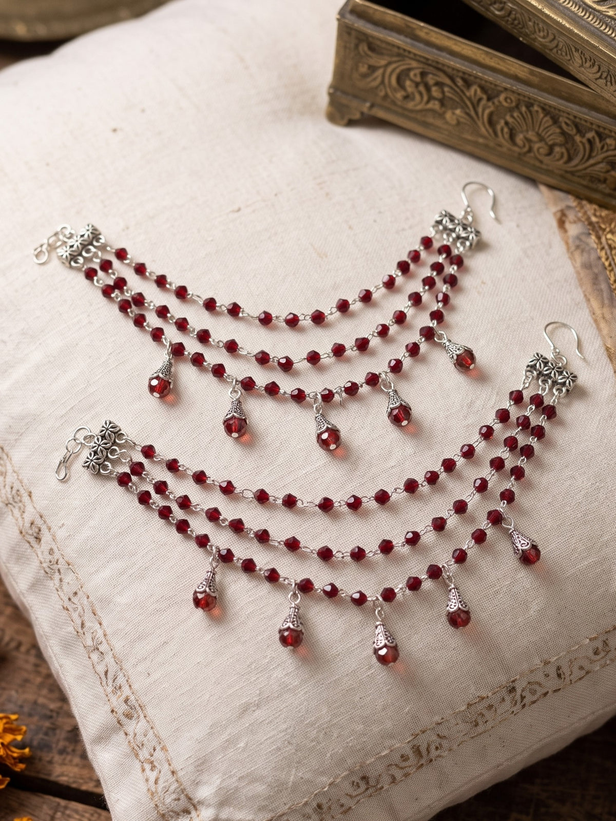 Oxidised Silver-Toned Red 3-Tier Beaded Ear Chain for Women