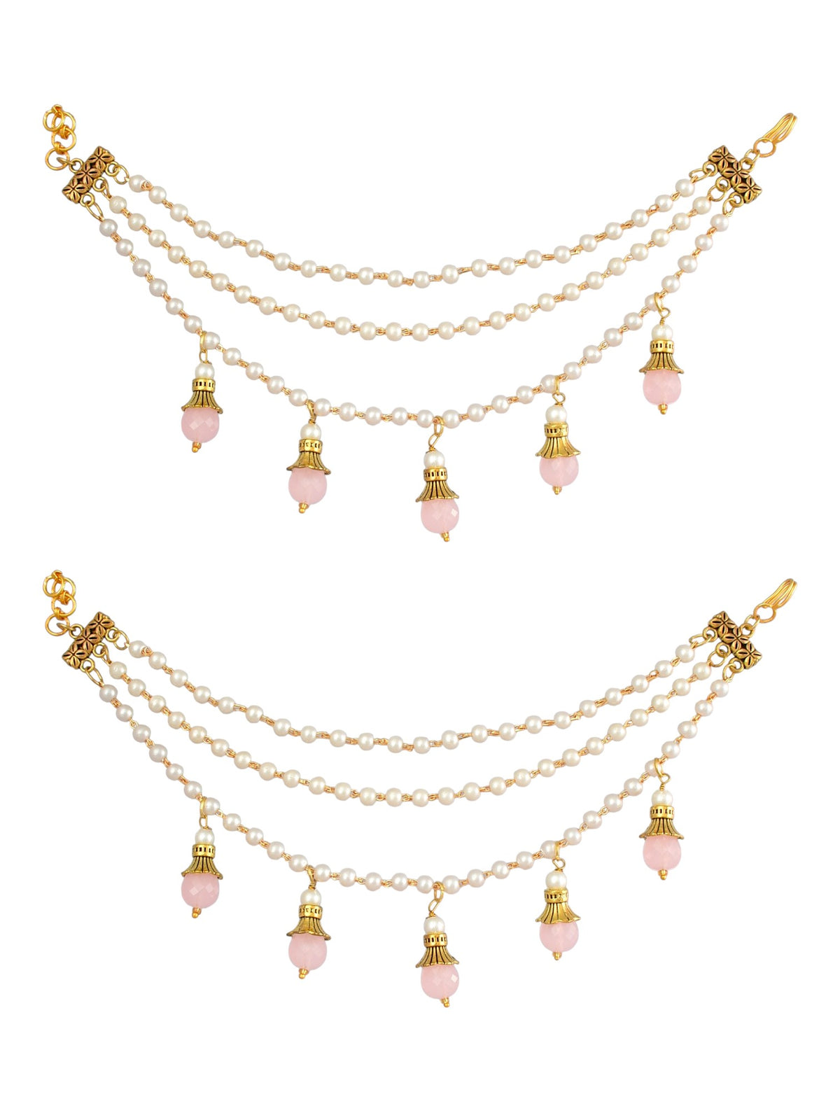 Gold-Toned Pearl & Pink Beaded Layered Ear Chain for Women