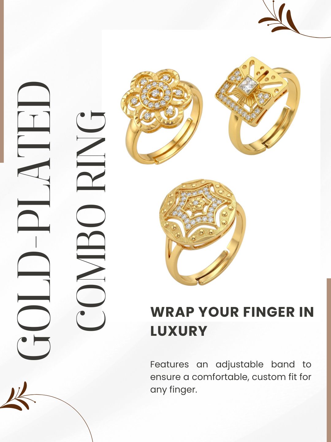 Gold Plated Adjustable Combo of 3 Rings for Women