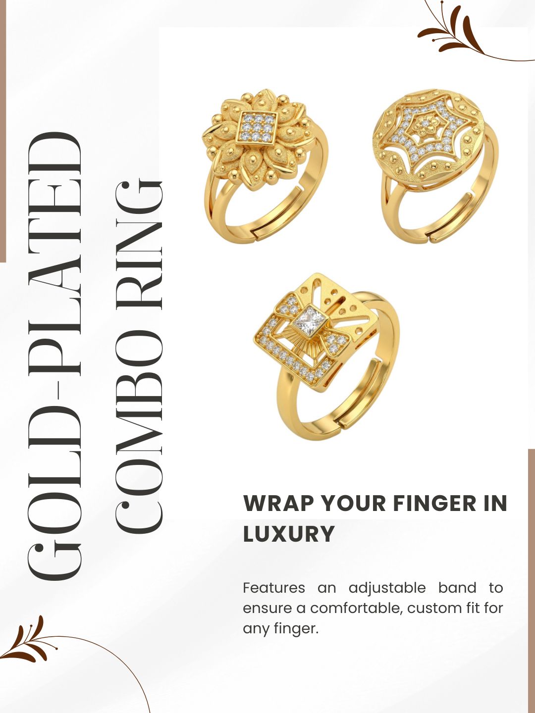 Gold Plated Adjustable Combo of 3 Rings for Women