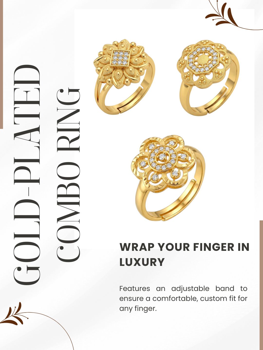 Gold Plated Adjustable Combo of 3 Rings for Women