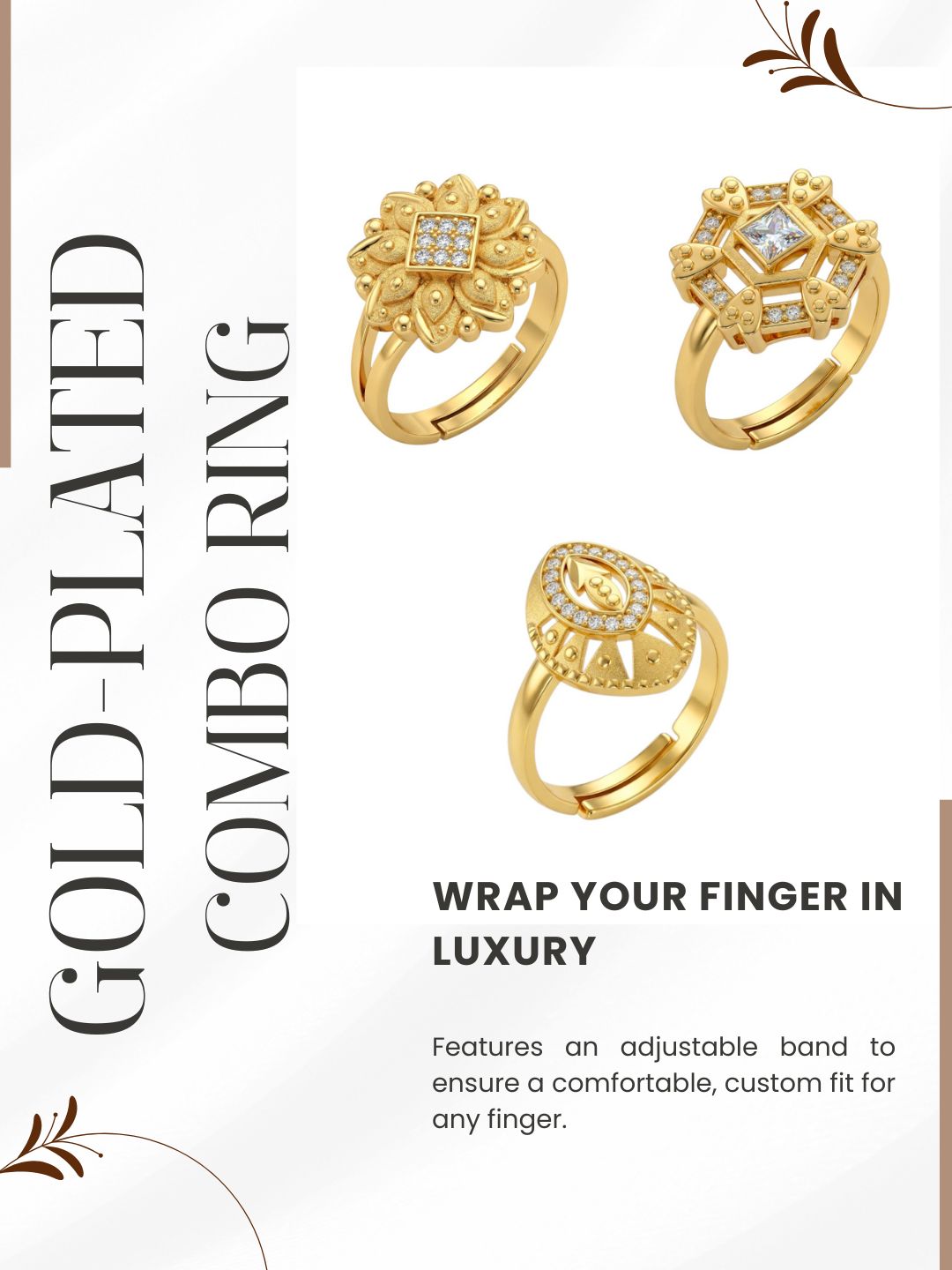 Gold Plated Adjustable Combo of 3 Rings for Women