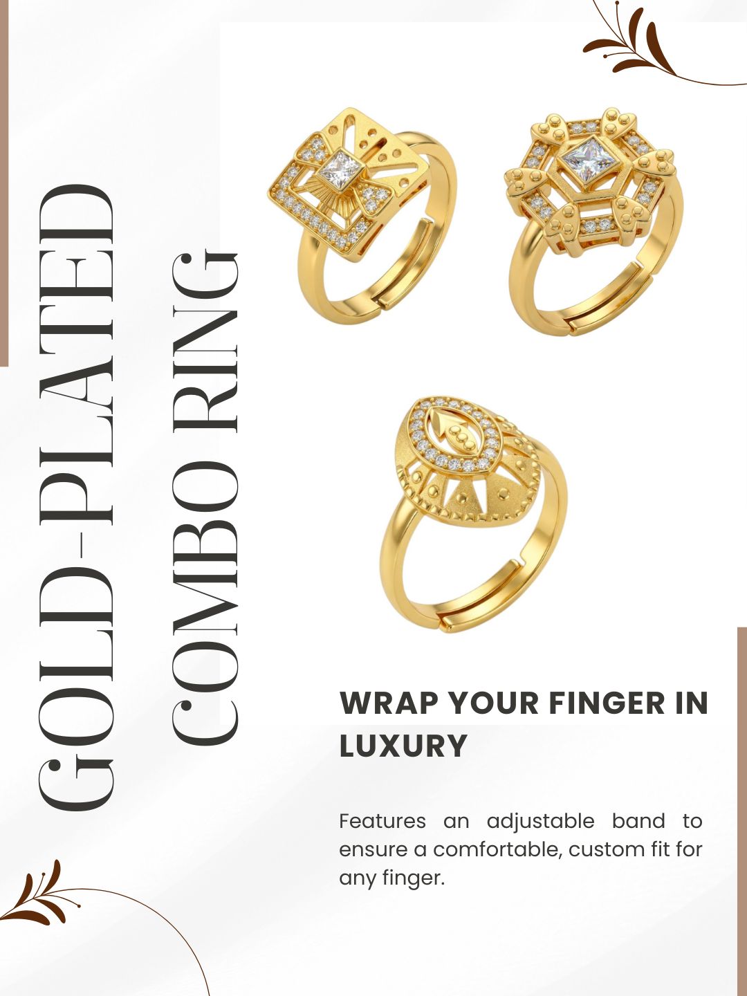 Gold Plated Adjustable Combo of 3 Rings for Women