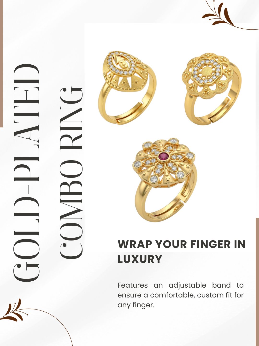 Gold Plated Adjustable Combo of 3 Rings for Women