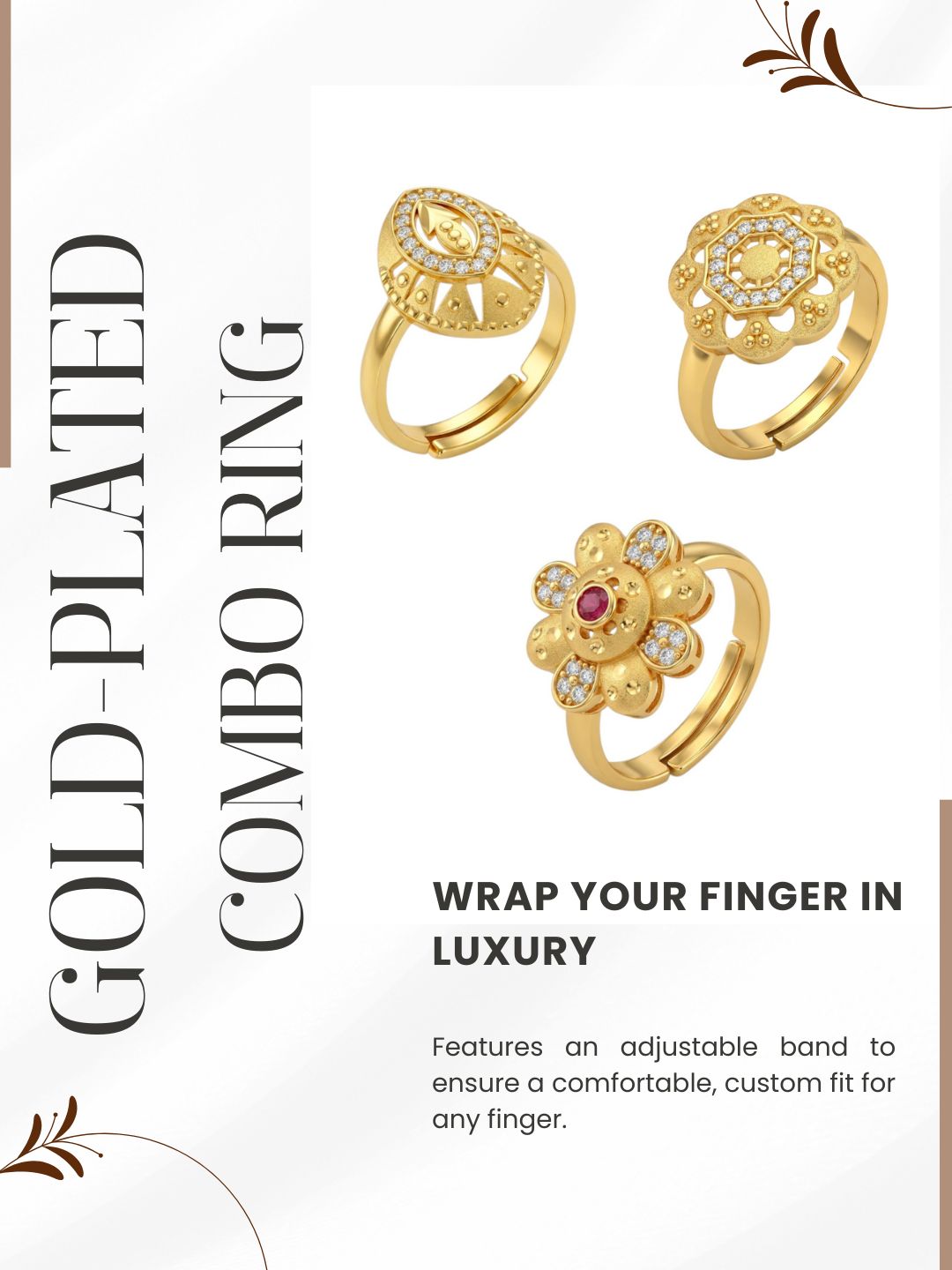 Gold Plated Adjustable Combo of 3 Rings for Women