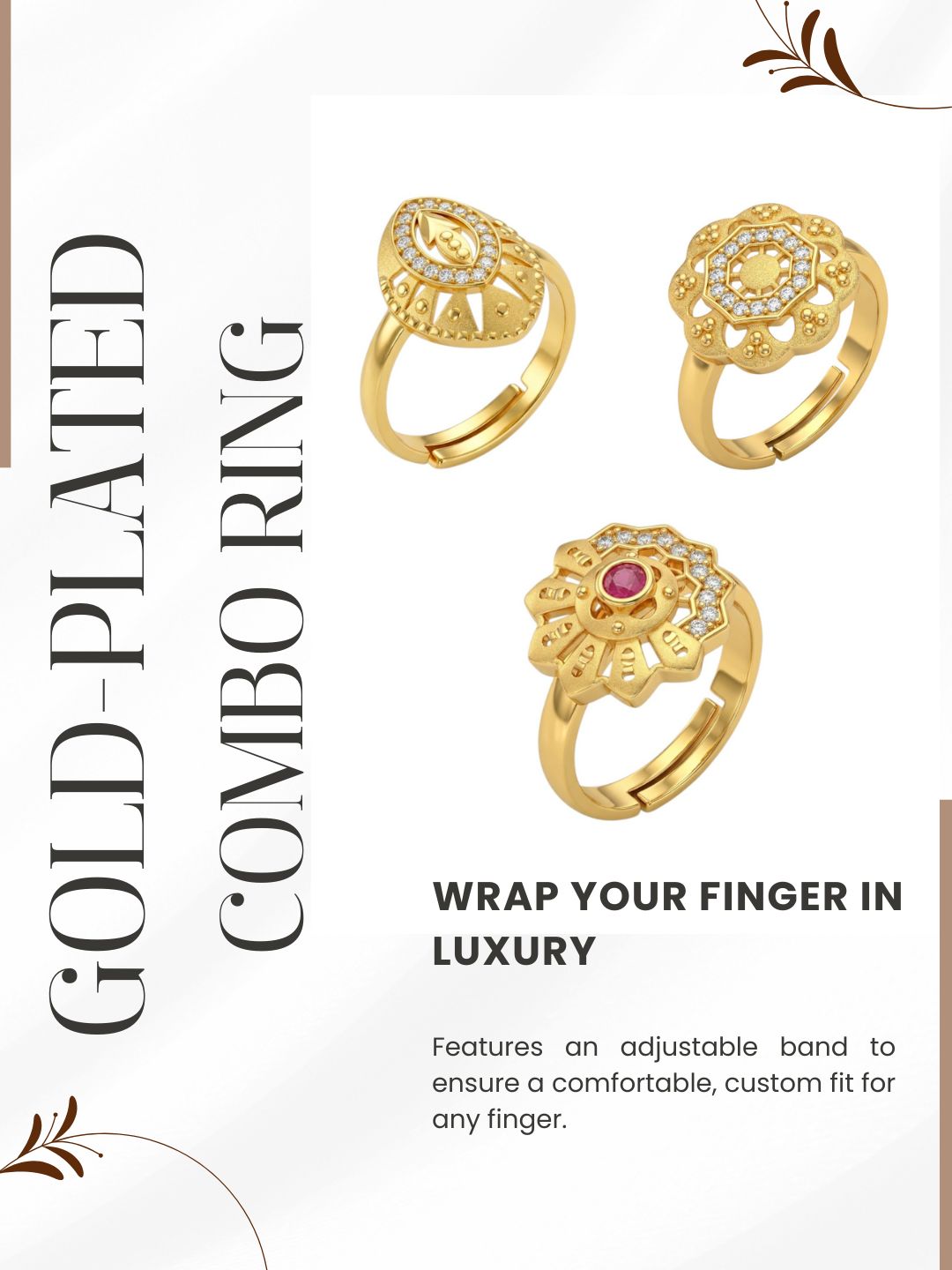 Gold Plated Adjustable Combo of 3 Rings for Women