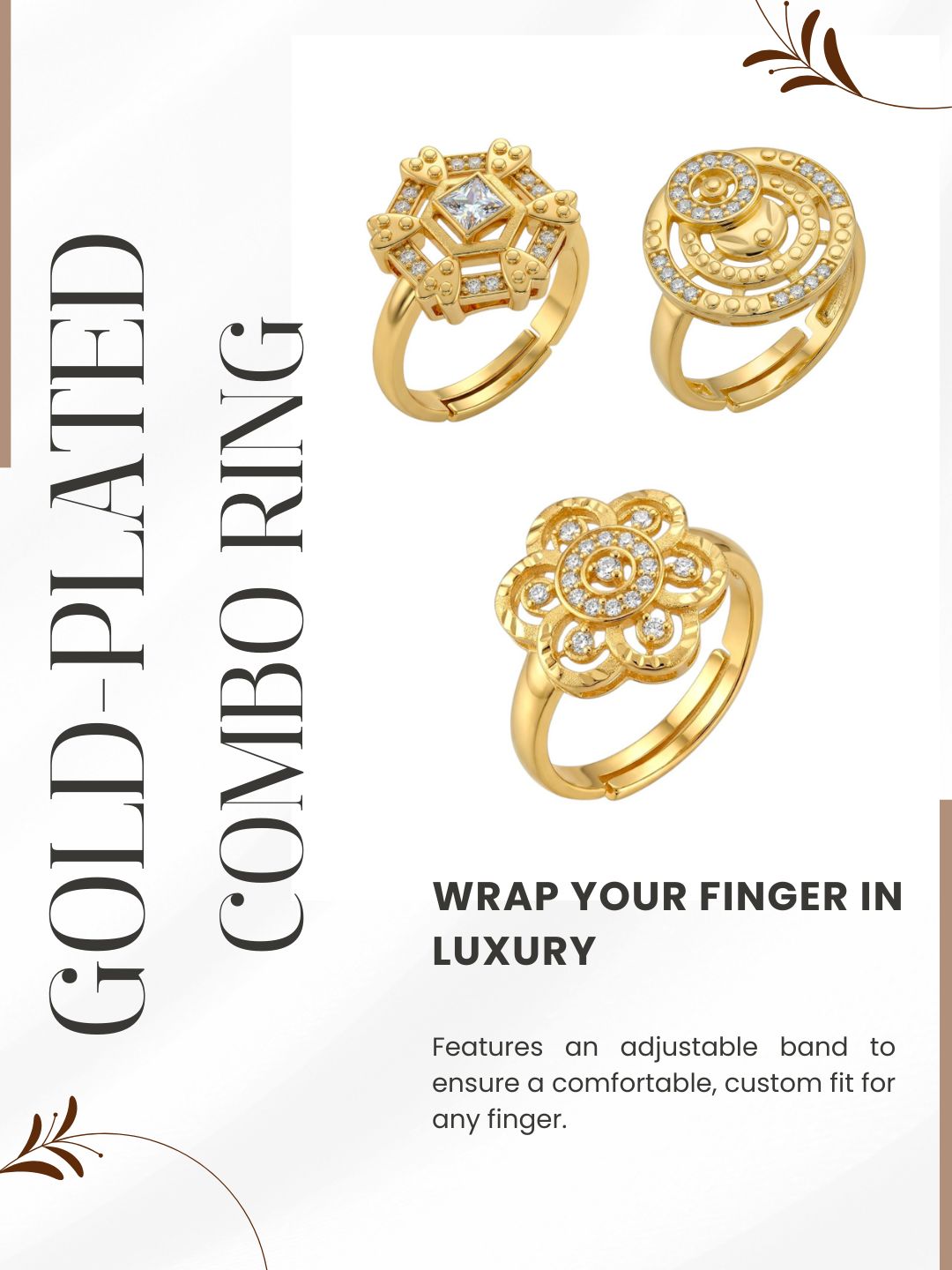 Gold Plated Adjustable Combo of 3 Rings for Women