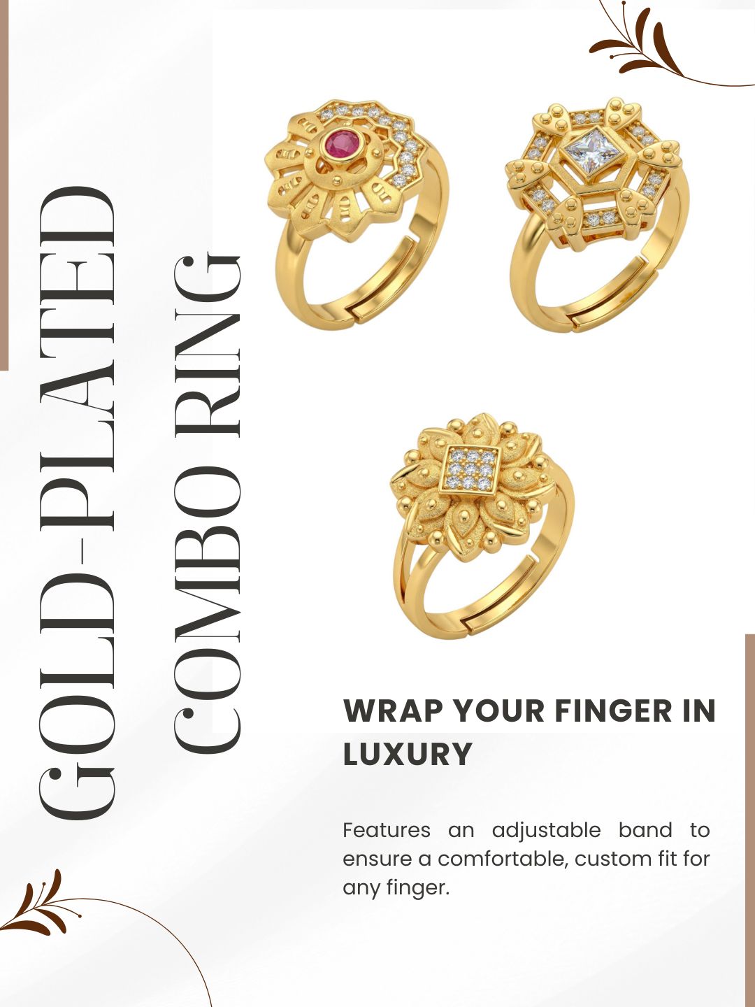 Gold Plated Adjustable Combo of 3 Rings for Women