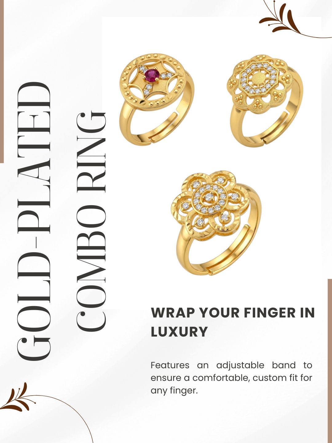 Gold Plated Adjustable Combo of 3 Rings for Women