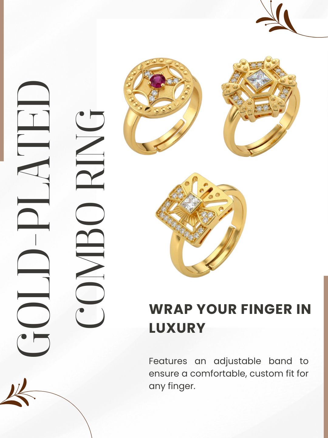 Gold Plated Adjustable Combo of 3 Rings for Women