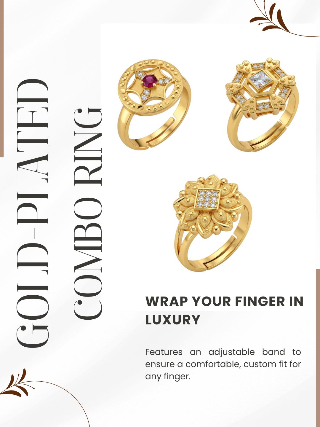 Gold Plated Adjustable Combo of 3 Rings for Women