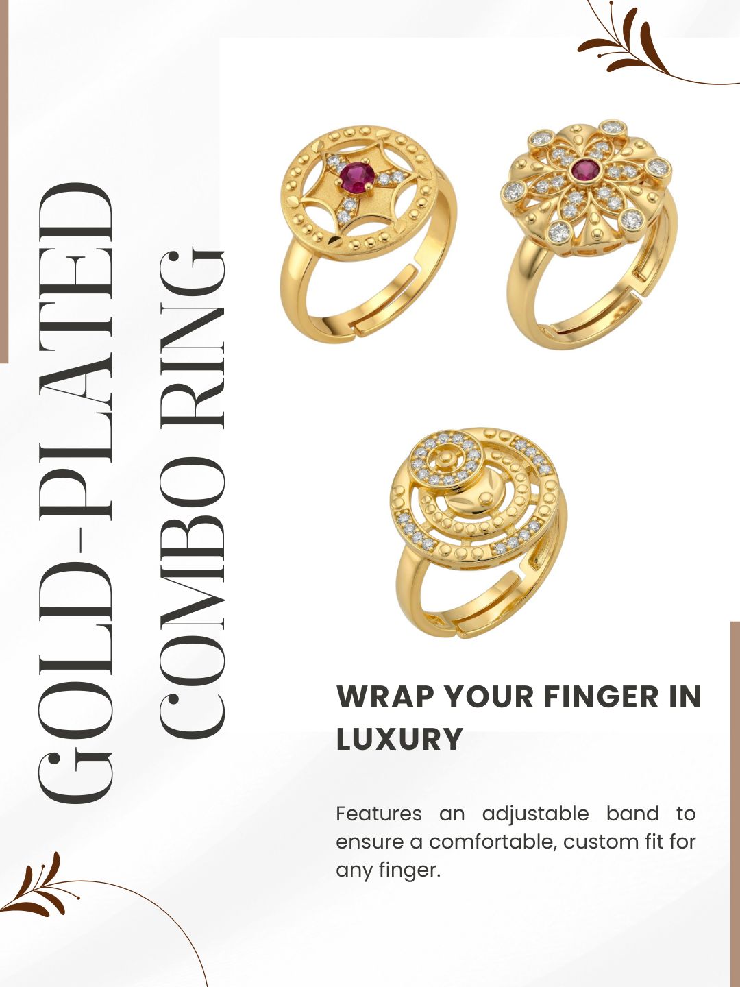 Gold Plated Adjustable Combo of 3 Rings for Women