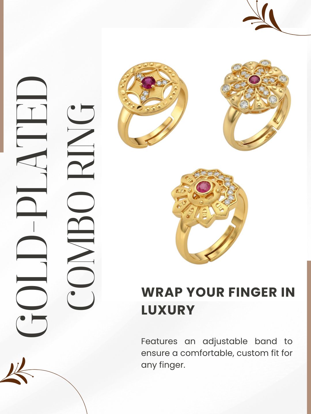 Gold Plated Adjustable Combo of 3 Rings for Women