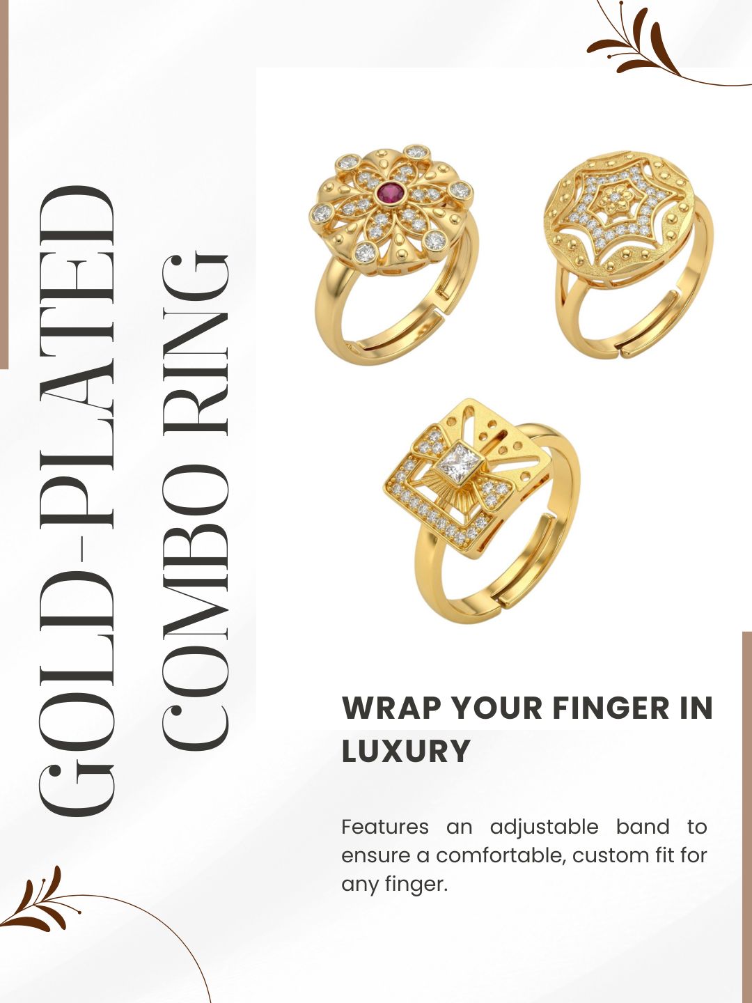 Gold Plated Adjustable Combo of 3 Rings for Women