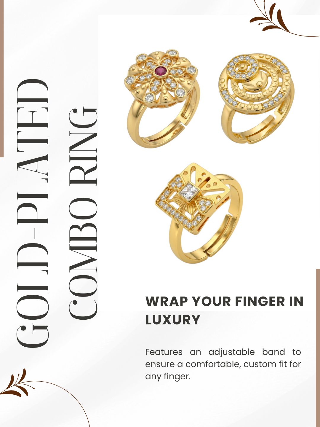 Gold Plated Adjustable Combo of 3 Rings for Women