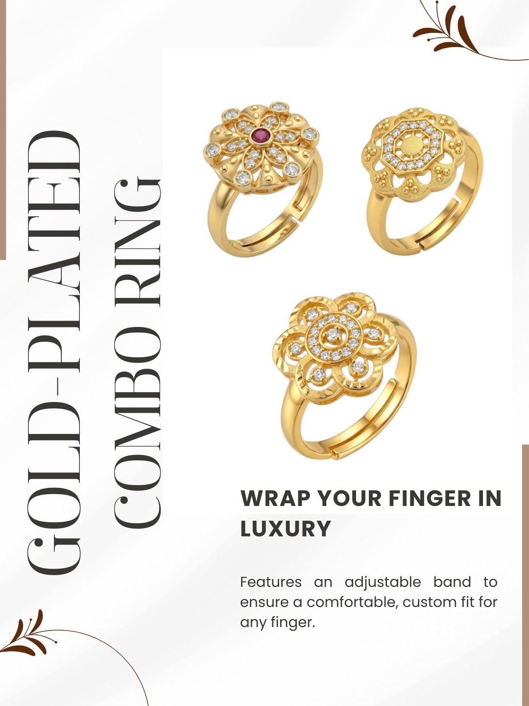 Gold Plated Adjustable Combo of 3 Rings for Women