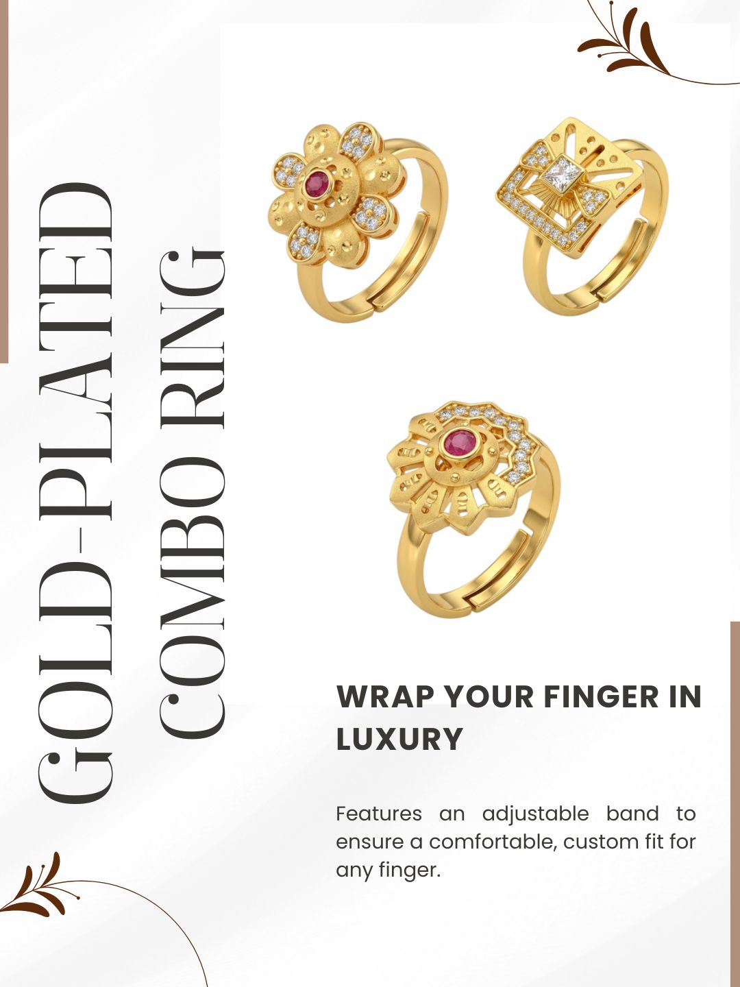 Gold Plated Adjustable Combo of 3 Rings for Women